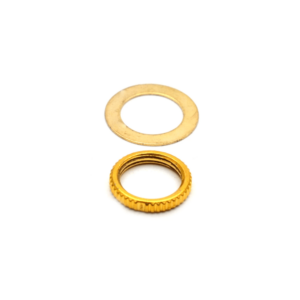 Gold M12 Toggle Switch Knurled Nut & Washer Set on a white background