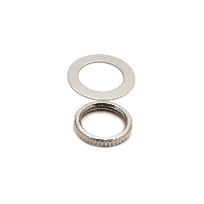 Chrome M12 Toggle Switch Knurled Nut & Washer Set on a white background 3