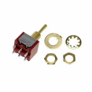 Mini Toggle Switch – DPDT, ON/ON/ON Gold on a white background