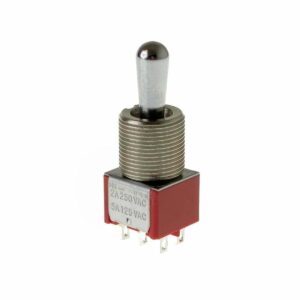 Mini Toggle Switch – DPDT, ON/ON/ON Chrome on a white background
